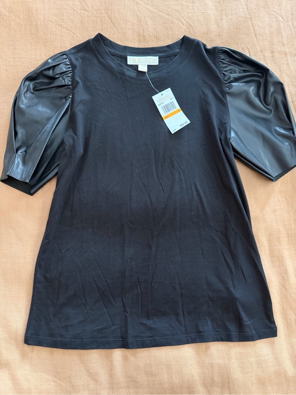 Michael Kors Black Short Sleeve Tee with Faux Leather Puff Sleeves - Size Small